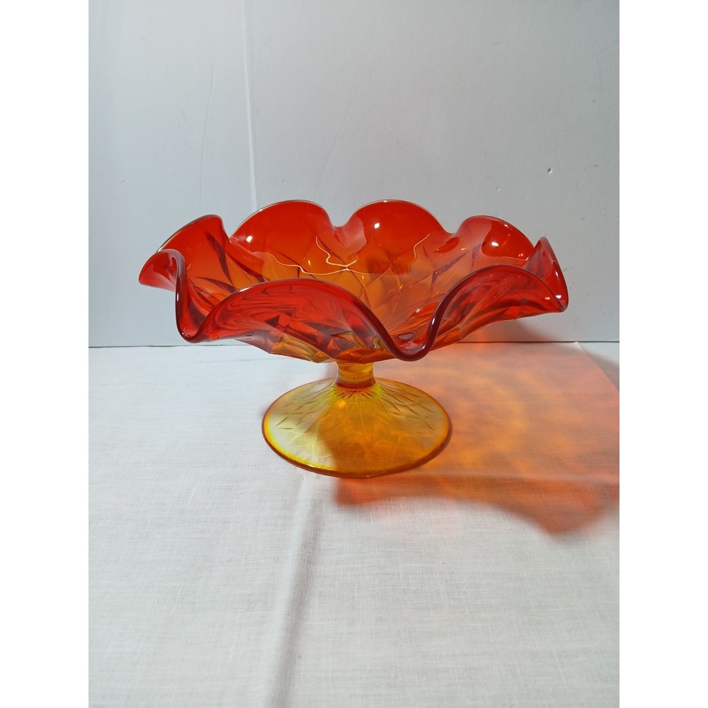 Vintage Indiana Glass Diamond Point Amberina Pedestal Bowl Compote UV Glow Cadm